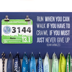 Running Medal Holder - Just Never Give Up Dean Karnazes Quote - Medal Holder, Medal Display, Race Bib Display, Race Bib Holder