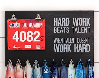 Medal Holder - Running Triathlon Race Bib - Hard Work Beats Talent - Medal Holder, Medal Display, Race Bib Display, Race Bib Holder