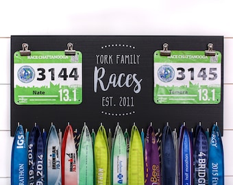 Personalized Family Race Bib and Medal Holder - Extra Large Size - Running medal holder for couples