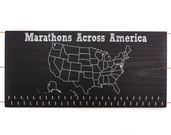 Marathons Across America - 50 States Medal Holder with 50 hooks on Chalkboard, Run 50, USA medal rack, RUN 50