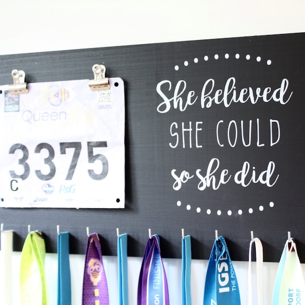 Running Medal Bib Holder She Believed She Could So She Did - Medal Holder, Medal Rack, Medal Display, Race Bib Display, Race Bib Holder