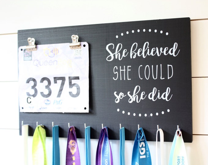 SO SHE DID Picture Frame Design Running On The Wall Medal Hanger Display and Race Bibs SHE Believed SHE Could 