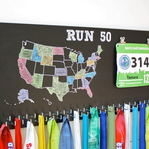 50 States Medal Holder With Race Bib Holder Clips and 50 Hooks on