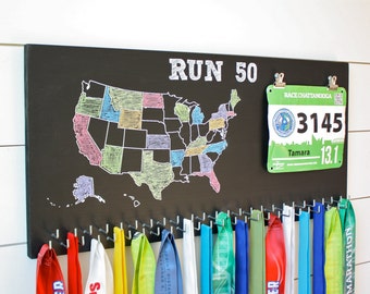 50 States Medal Holder with race bib holder clips and 50 hooks on Chalkboard, Run 50, USA medal rack, RUN 50