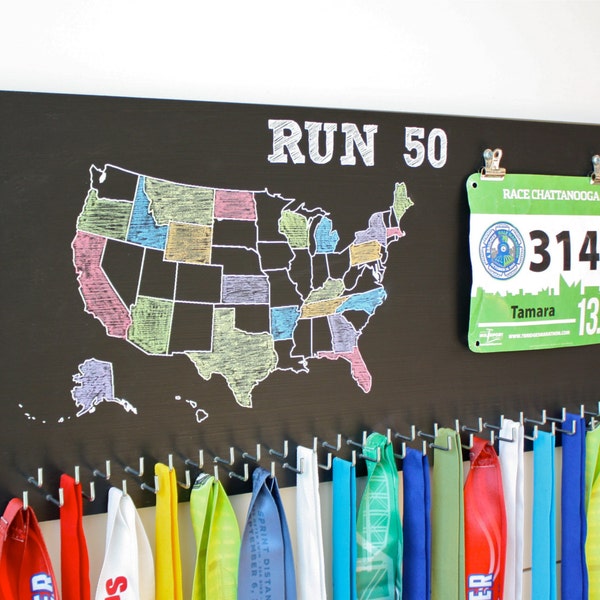 50 States Medal Holder with race bib holder clips and 50 hooks on Chalkboard, Run 50, USA medal rack, RUN 50