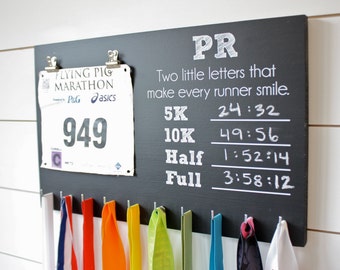 PR Race Bib and Medal Holder On Chalkboard- 5K, 10K, Half, & Full