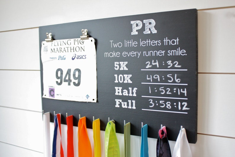 PR Race Bib and Medal Holder On Chalkboard 5K, 10K, Half, & Full image 1