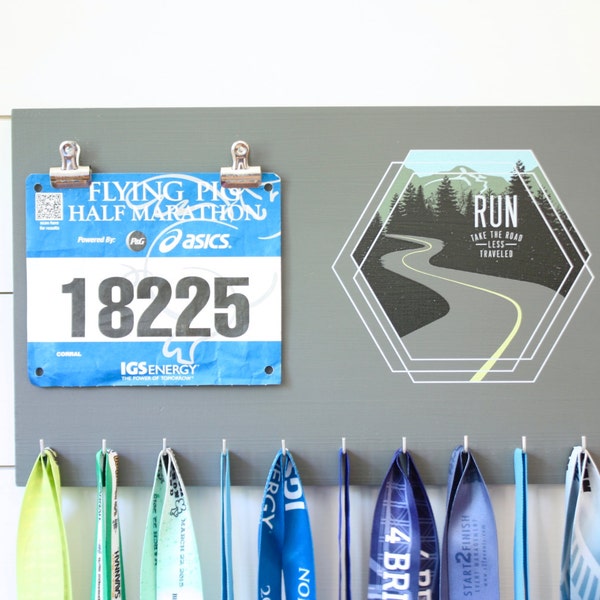 Running Medal Bib Holder Run Take the Road Less Traveled - Medal Holder, Medal Rack, Medal Display, Race Bib Display, Race Bib Holder