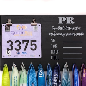 PR Race Bib and Medal Holder On Chalkboard with feminine fonts - 5K, 10K, Half, & Full
