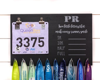 PR Race Bib and Medal Holder On Chalkboard with feminine fonts - 5K, 10K, Half, & Full