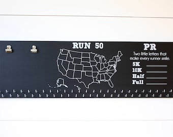 Run 50 States Medal Holder with PR Running Times list with bib clips and 50 hooks on Chalkboard 36"