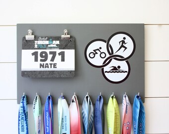 Running Medal Bib Holder Triathlon Olympicons - Medal Holder, Medal Rack, Medal Display, Race Bib Display, Race Bib Holder