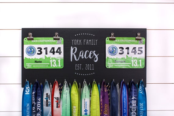 PR Race Bib and Medal Holder on Chalkboard 5K, 10K, Half, & Full 