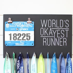 Running Medal Bib Holder Worlds Okayest Runner - Medal Holder, Medal Rack, Medal Display, Race Bib Display, Race Bib Holder