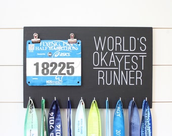 Running Medal Bib Holder Worlds Okayest Runner - Medal Holder, Medal Rack, Medal Display, Race Bib Display, Race Bib Holder