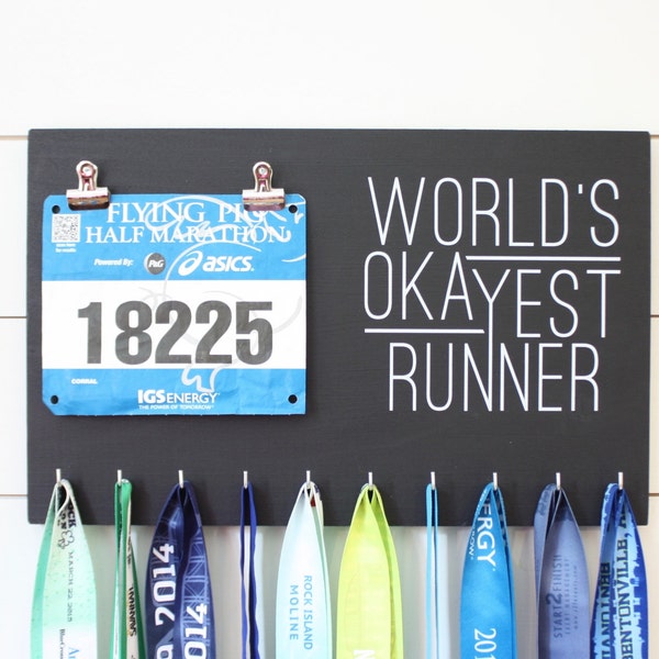 Running Medal Bib Holder Worlds Okayest Runner - Medal Holder, Medal Rack, Medal Display, Race Bib Display, Race Bib Holder