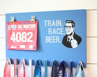 Running Medal Bib Holder Train Race Beer - Medal Holder, Medal Rack, Medal Display, Race Bib Display, Race Bib Holder