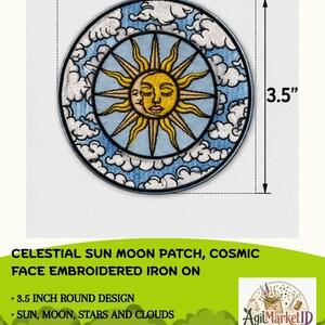 May include: A circular embroidered patch featuring a yellow sun and a crescent moon with faces, surrounded by white clouds against a light blue sky. The patch measures 3.5 inches in diameter, with a dark border enclosing the celestial design.