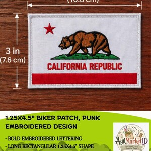 May include: A rectangular embroidered patch featuring the California state flag design with a brown bear, a red star, and the text CALIFORNIA REPUBLIC. The patch measures 4.25 inches by 3 inches as indicated by the visible dimension markers.