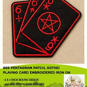3x3" 666 Pentagram Patch, Embroidered Iron On Gothic Playing Card Design