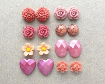 16 pcs Cabochons Sampler Pack - Pink and Peach - 12-18mm sizes - Resin and Acrylic