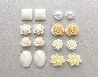 16 pcs Cabochons Sampler Pack - Cream and White - 10-18mm sizes - Resin and Acrylic