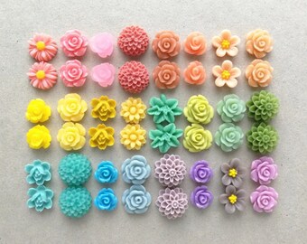 48pcs Resin Flower Cabochons Set - Sweet Pastel Rainbow Mix