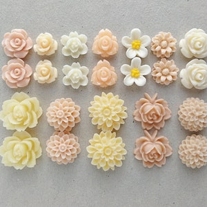 24 pcs Resin Flower Cabochons Assorted Sizes Sampler Pack - Blushing Bride