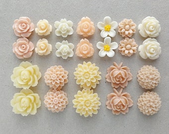 24 pcs Resin Flower Cabochons Assorted Sizes Sampler Pack - Blushing Bride