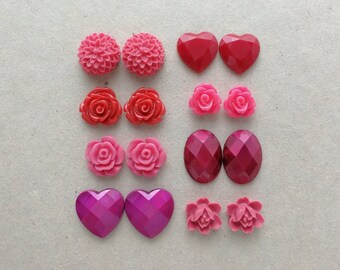 16 pcs Cabochons Sampler Pack - magenta, red, hearts - 10-18mm sizes - Resin and Acrylic