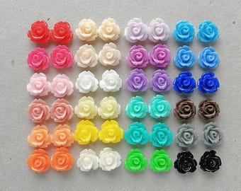 48 pcs Resin Flower Cabochons - 10mm Rose Flowers - Glossy Rainbow