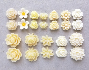 24 pcs Resin Flower Cabochons Assorted Sizes Sampler Pack - Cream and Butter