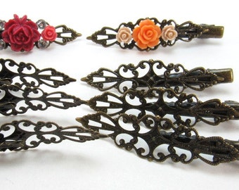 6 pcs Hair Clips Filigree Style - Antique Bronze Alligator Clips - vintage lace design - 65 mm long