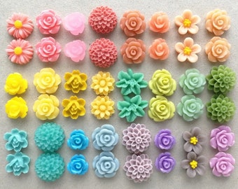 48pcs Resin Flower Cabochons Set - Sweet Pastel Rainbow Mix