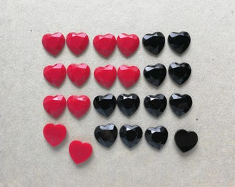 14mm heart acrylic cabochons - black and red - 24pcs