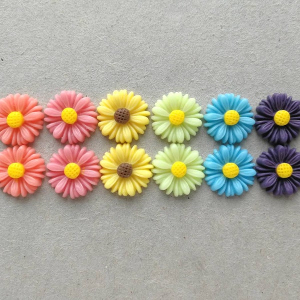 12 pcs Resin Flower Cabochons - 13mm Daisy - Bold Tropical Colors Mix