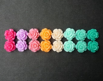 16 pcs Resin Flower Cabochons - 13mm Camellia Flowers - Tropical Glossy Colors Mix