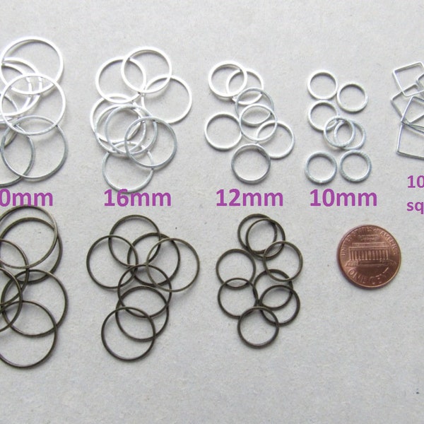 24 pcs Metal Linking Rings or Linking Squares - 10mm, 12mm, 16mm, 20mm - you pick the size and colour