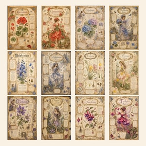 May include: A collection of twelve rectangular botanical and fairy-themed cards featuring illustrations of Geranium, Hydrangea, Delphinium, Freesia, Clematis, and Fuchsia flowers alongside corresponding fairy figures, all with vintage-style text labels.