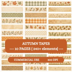 Puede incluir: Una colección de tiras adhesivas decorativas con patrones de temática otoñal que incluyen hojas de arce, setas, bellotas, helechos y diseños de cuadros. La imagen incluye el texto AUTUMN TAPES 10 PAGES 240+ elements y COMMERCIAL USE 300 DPI.