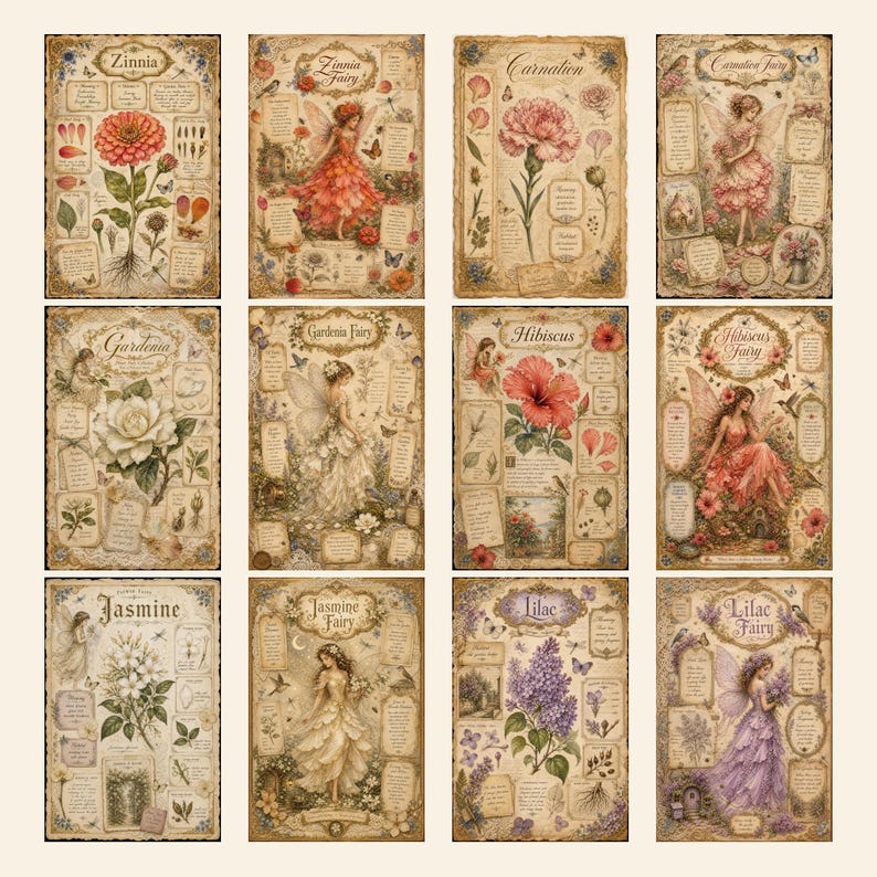 May include: A set of twelve rectangular botanical prints featuring illustrations of flowers and fairies. Each print includes text labels such as Zinnia, Carnation, Gardenia, Hibiscus, Jasmine, and Lilac, alongside detailed drawings of plants and winged figures.