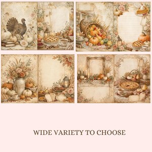May include: A collection of eight decorative stationery sheets featuring vintage-style autumn illustrations. Designs include turkeys, pumpkins, cornucopias, pies, floral arrangements, lanterns, and lined writing areas in warm sepia and orange tones.