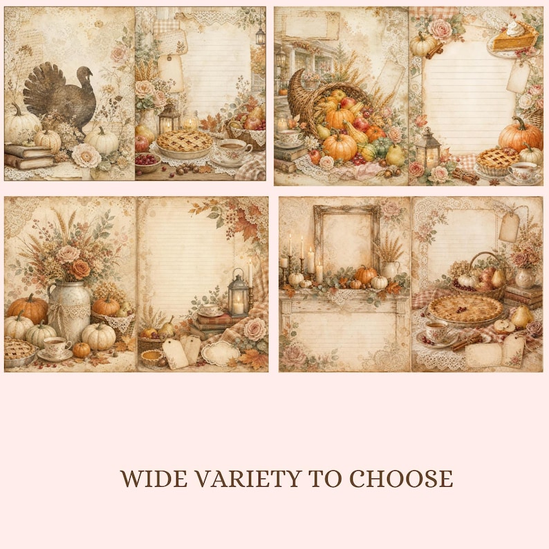 May include: A collection of eight decorative stationery sheets featuring vintage-style autumn illustrations. Designs include turkeys, pumpkins, cornucopias, pies, floral arrangements, lanterns, and lined writing areas in warm sepia and orange tones.