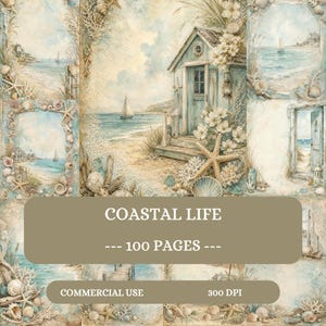 Vintage Coastal Life Junk Journal-pagina's, plakboekkit zee, nautisch dagboek, digitaal strandpapier, dagboek zeegezicht, chique oceaan ephemera.