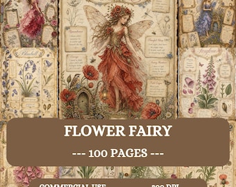 Flower Fairy Junk Journal Pages, Vintage Botanical Fairy Printable Kit, Flower matching fairy Scrapbook Papers, chic ephemera