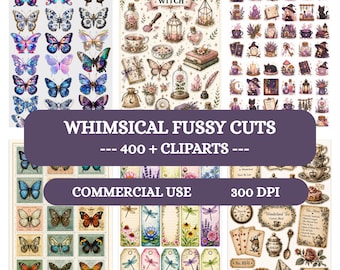 Whimsical Fussy Cuts Clipart Bundle, 400+ Printable Junk Journal Elements, Vintage Ephemera, Butterflies Witches Sewing Mushrooms Dragonfly