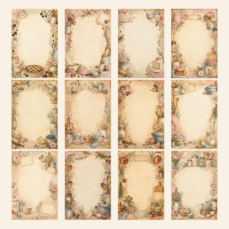 May include: A collection of twelve rectangular stationery sheets featuring lined centers and decorative borders with illustrations of kitchenware, baking tools, flowers, and food items like pies, cakes, and donuts on a vintage paper background.