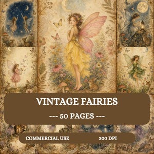 May include: A digital collection of 50 pages titled VINTAGE FAIRIES, featuring illustrations of fairies with wings in various natural settings with flowers, butterflies, rabbits, and moons, presented in a soft, muted colour palette for commercial use.
