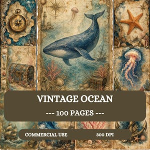 Può includere: Una collezione di illustrazioni in stile vintage a tema oceanico con una grande balena blu, un faro, una bussola, uno scrigno, una stella marina e meduse. Gli elementi nautici sono raffigurati su carta invecchiata e strutturata.