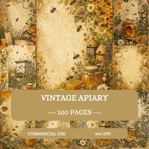 Puede incluir: Un paquete de papel digital titulado VINTAGE APIARY con 100 páginas para uso comercial a 300 DPI. El diseño presenta un fondo beige con ilustraciones de abejas, colmenas, patrones de panal, frascos de miel y flores silvestres.